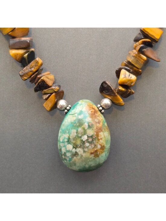 Estate Jewelry - Vintage Sterling Silver Turquoise Pendant Tigers Eye Nugget Choker Necklace 14"